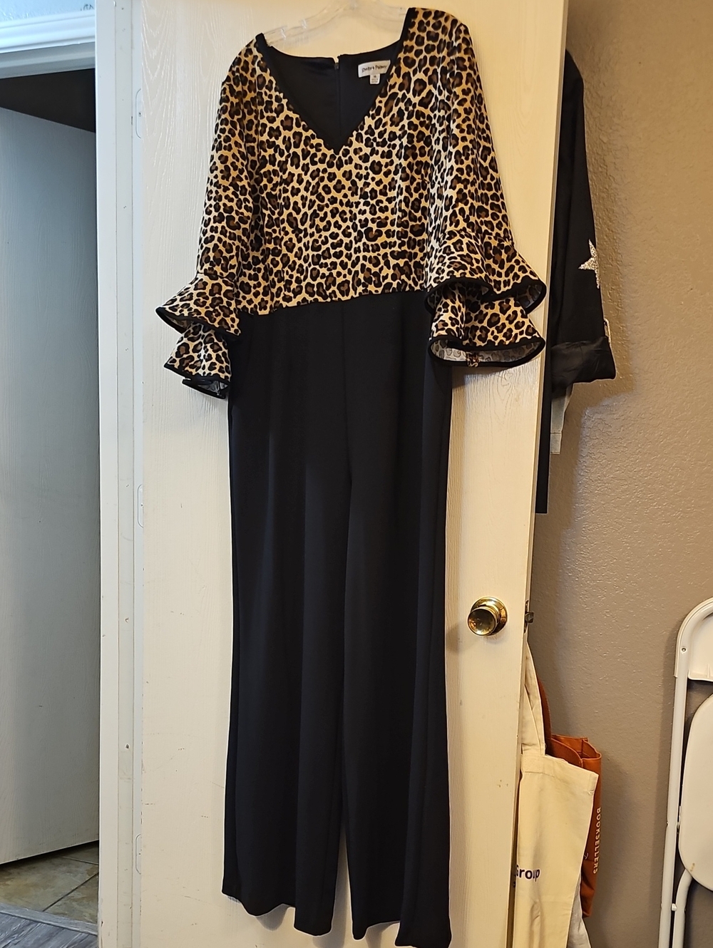 Leopard Print V-Neck Jumpsuit with Bell Sleeves - Black/Leopard